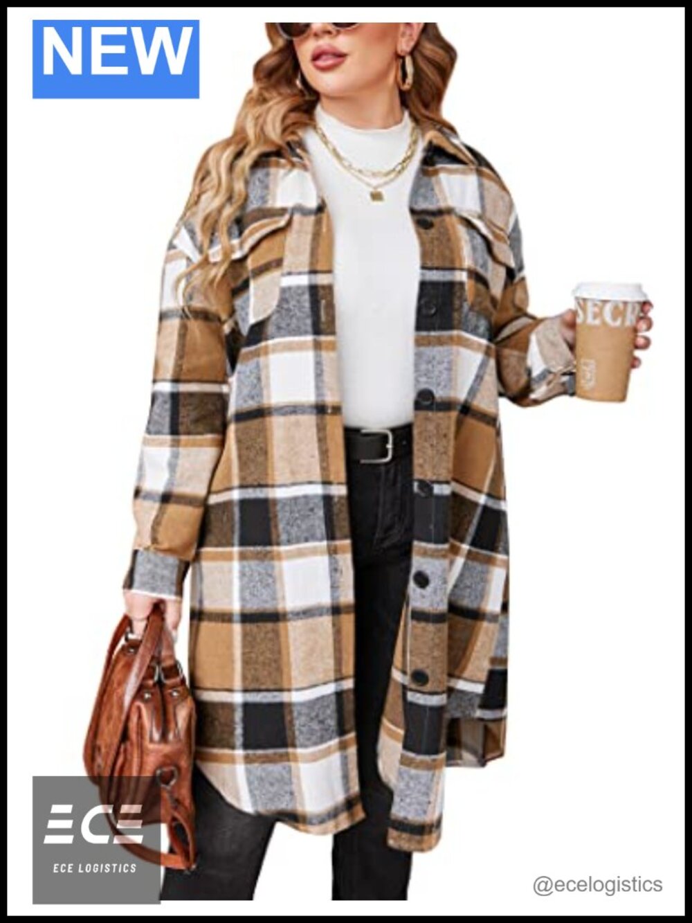 Plus Size Flannel Plaid Shacket Button Down Long Sleeve Midi Shirt Jacket